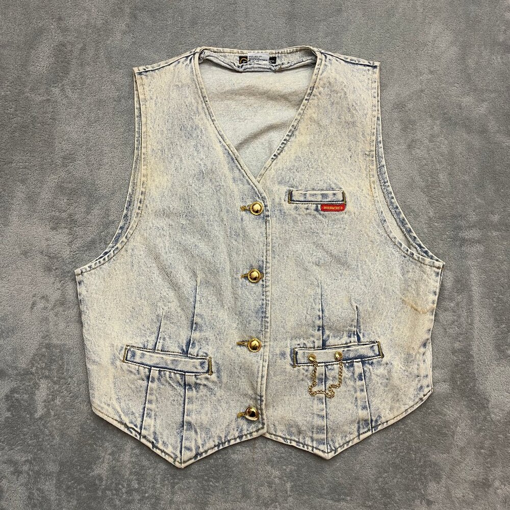 Women's Vintage Jordache Denim Gold Buttons Front Western Jean Vest Western L